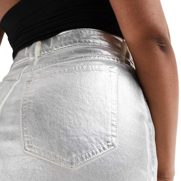 Abercrombie & Fitch Metallic Silver Denim High Rise Midi Skirt NWT Size 27/4 - Picture 3 of 14